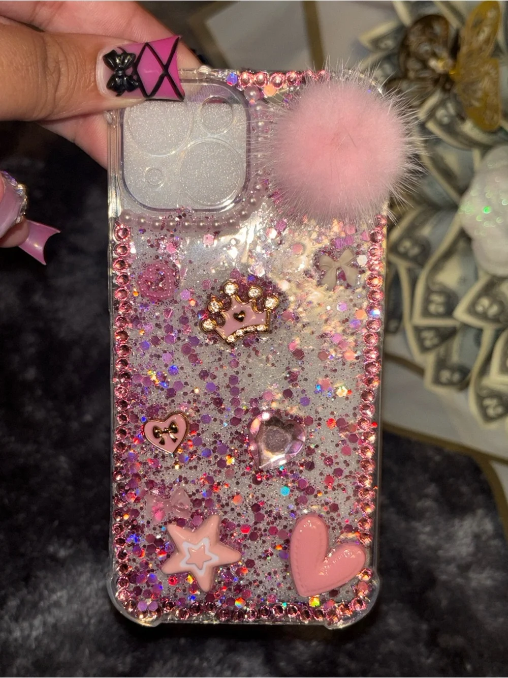 Pink Glitter Pom Phone Case with Decorative Charms